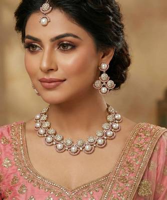 Pink yellow gold premium designer american diamond and stone work necklace set 1
