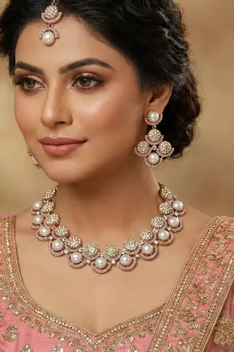 Pink yellow gold premium designer american diamond and stone work necklace set