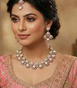 Pink yellow gold premium designer american diamond and stone work necklace set