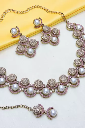 Pink yellow gold premium designer american diamond and stone work necklace set