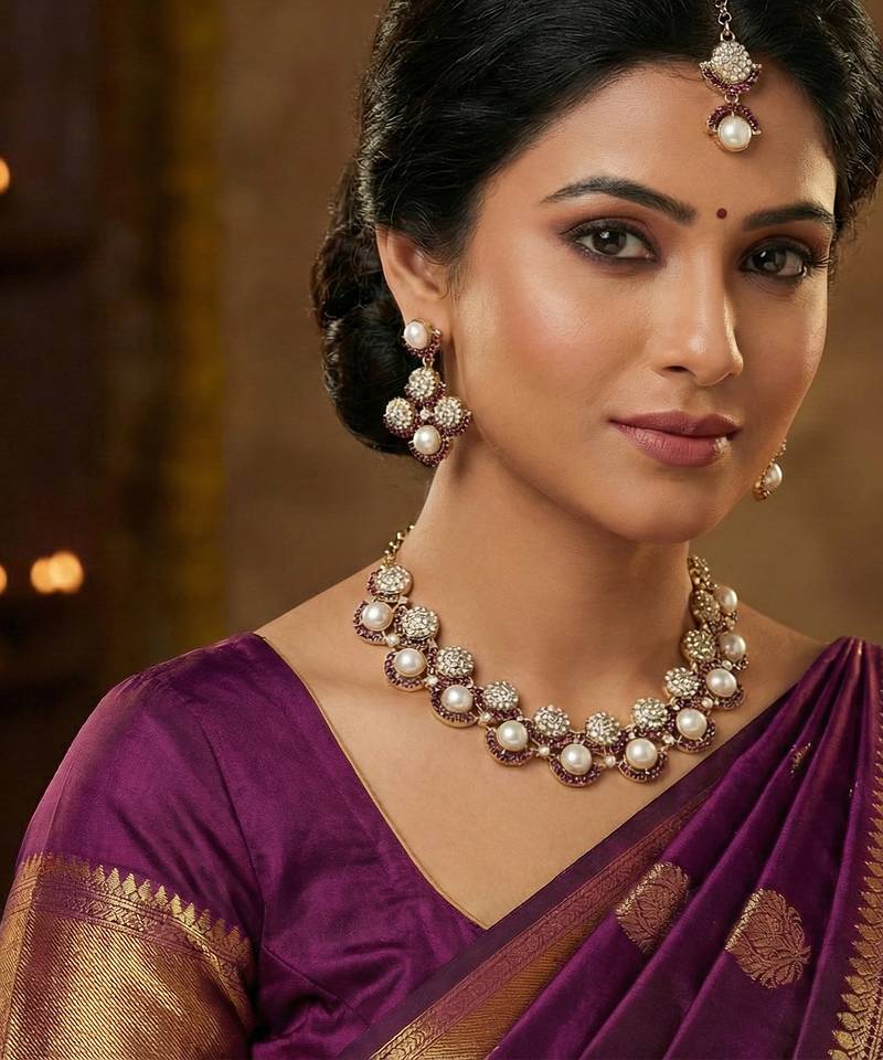 Purple yellow gold premium designer american diamond and stone work necklace set