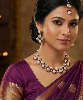 Purple yellow gold premium designer american diamond and stone work necklace set 2