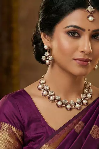 Purple yellow gold premium designer american diamond and stone work necklace set