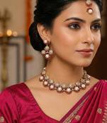 Pink yellow gold premium designer american diamond and stone work necklace set