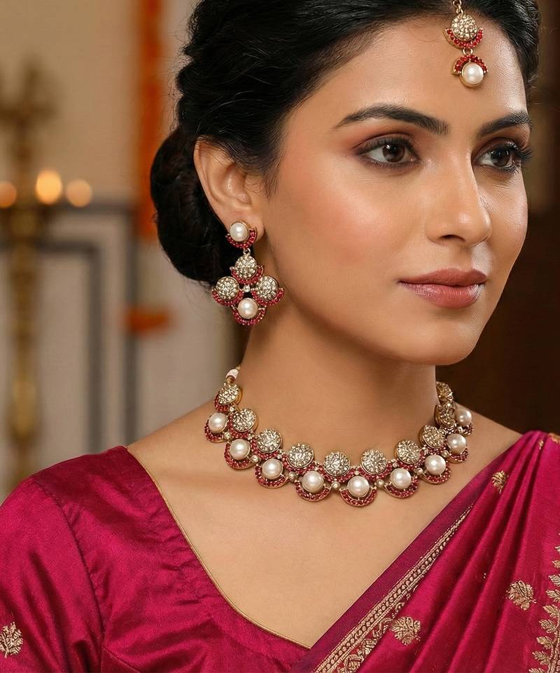 Pink yellow gold premium designer american diamond and stone work necklace set
