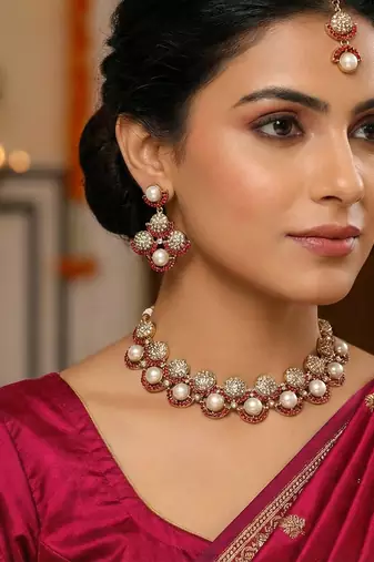 Pink yellow gold premium designer american diamond and stone work necklace set