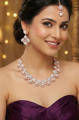 White rose gold premium designer american diamond and stone work necklace set