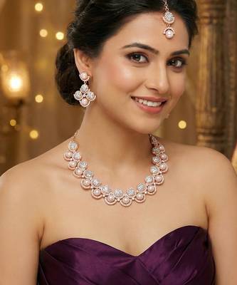 White rose gold premium designer american diamond and stone work necklace set 2