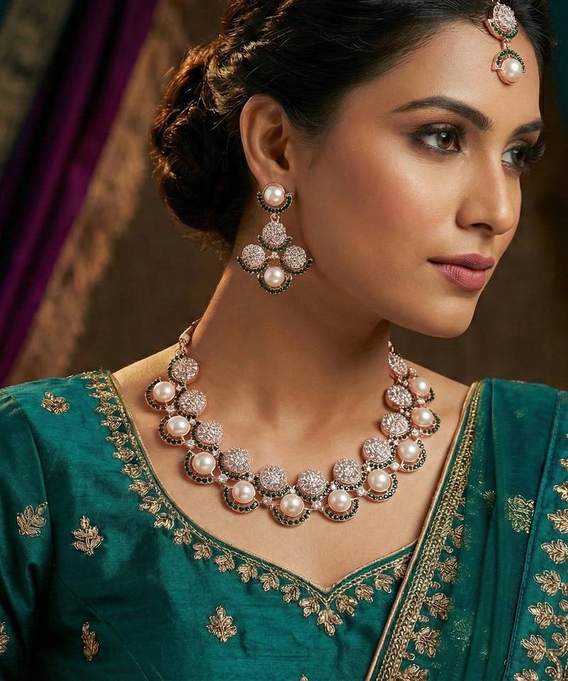 Green rose gold premium designer american diamond and stone work necklace set