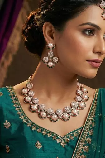 Green rose gold premium designer american diamond and stone work necklace set