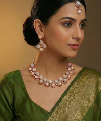 rose gold premium designer american diamond and stone work necklace set 1