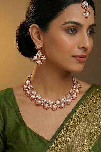 rose gold premium designer american diamond and stone work necklace set