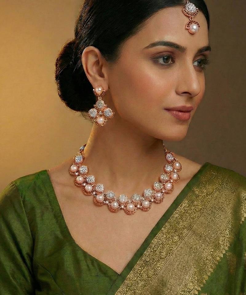 rose gold premium designer american diamond and stone work necklace set