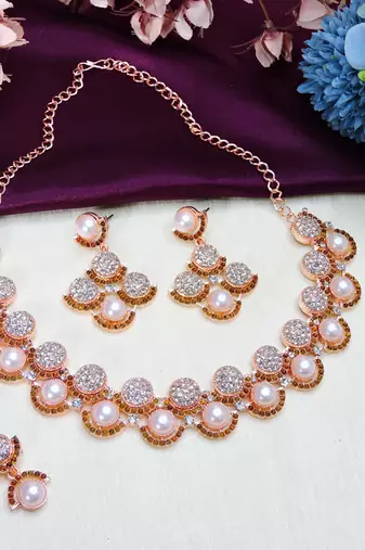 rose gold premium designer american diamond and stone work necklace set