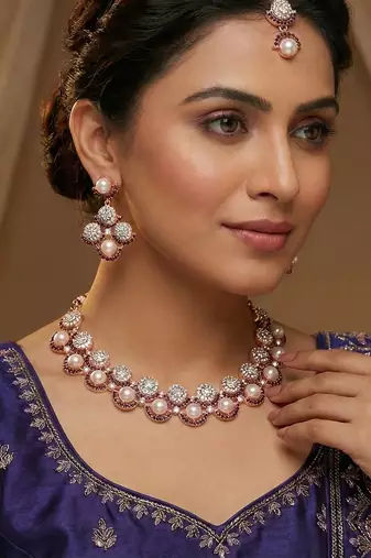 Blue rose gold premium designer american diamond and stone work necklace set