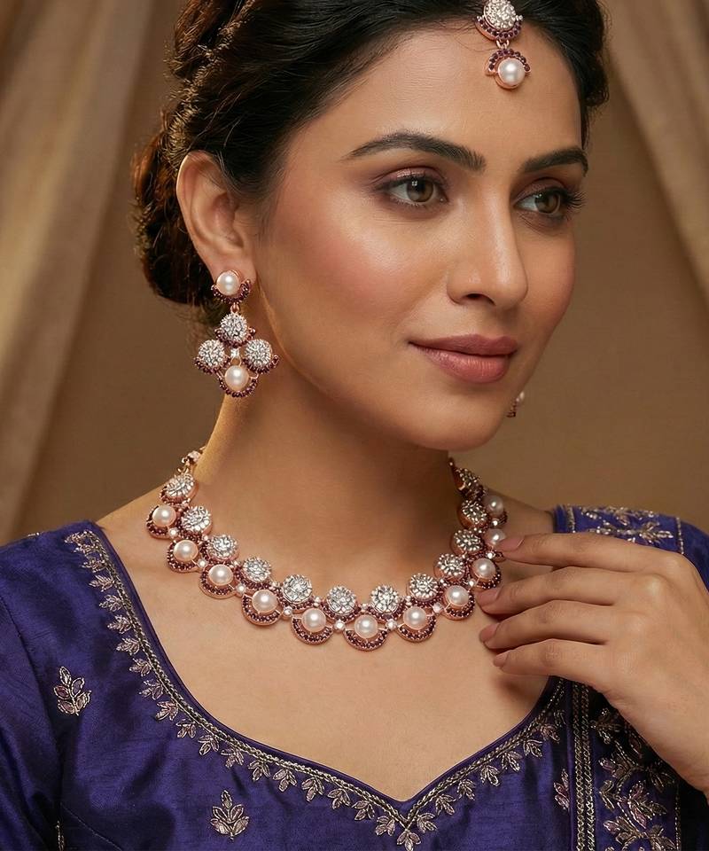 Blue rose gold premium designer american diamond and stone work necklace set