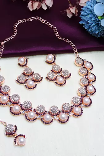 Blue rose gold premium designer american diamond and stone work necklace set