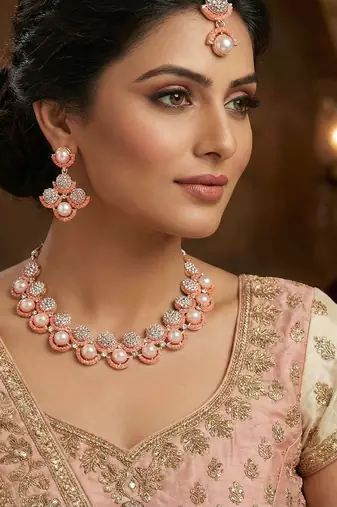 Pink rose gold premium designer american diamond and stone work necklace set