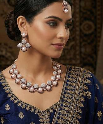 Blue rose gold premium designer american diamond and stone work necklace set 1