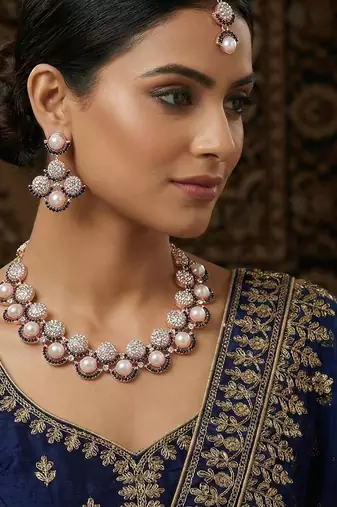 Blue rose gold premium designer american diamond and stone work necklace set