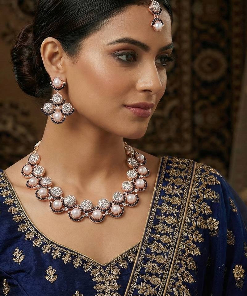 Blue rose gold premium designer american diamond and stone work necklace set