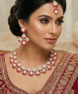 Pink rose gold premium designer american diamond and stone work necklace set 1