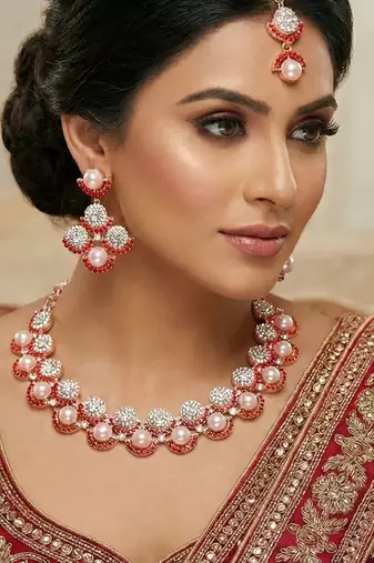 Pink rose gold premium designer american diamond and stone work necklace set