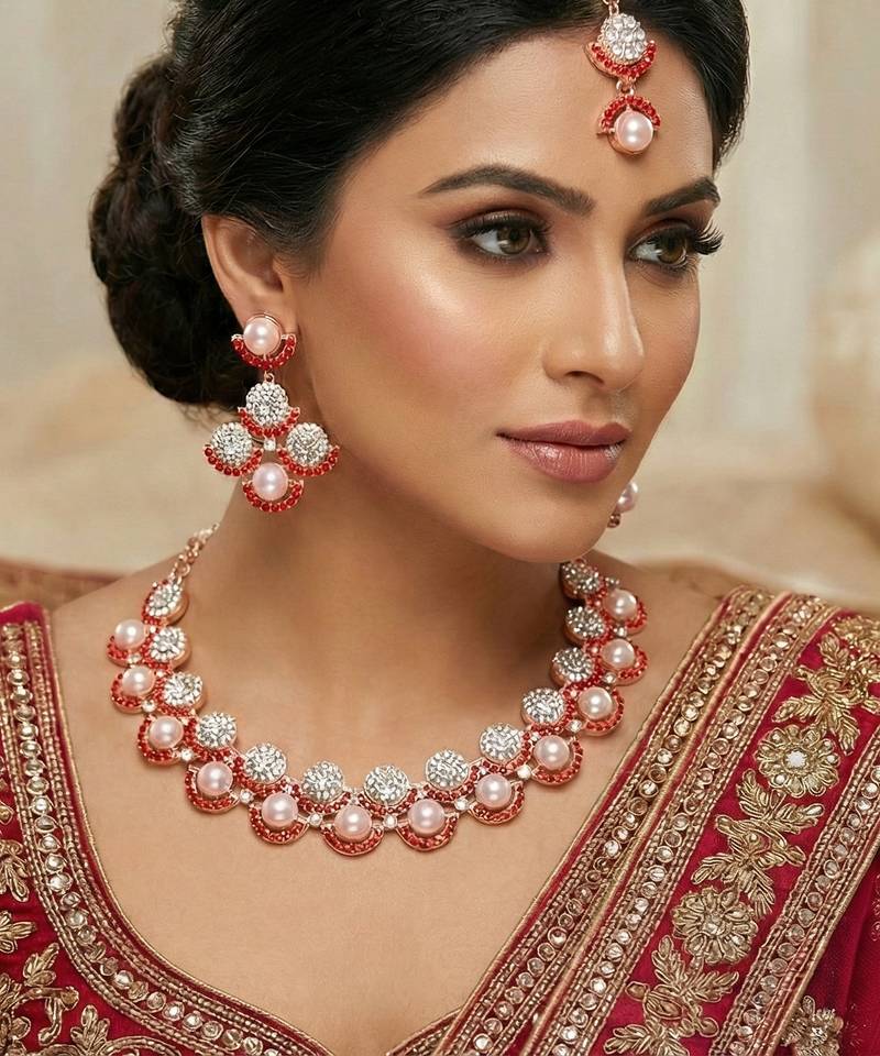Pink rose gold premium designer american diamond and stone work necklace set