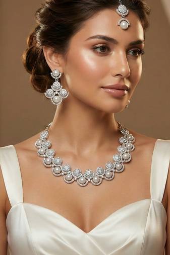 White rhodium premium designer american diamond and stone work necklace set