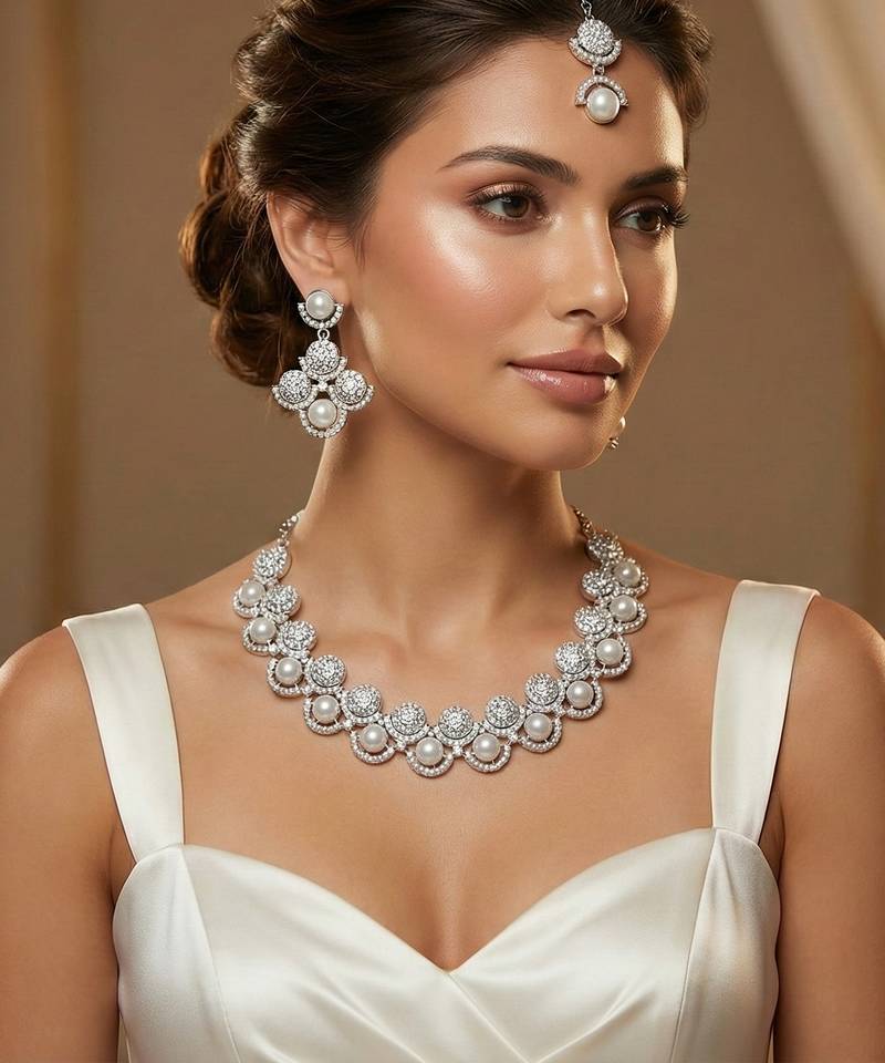 White rhodium premium designer american diamond and stone work necklace set