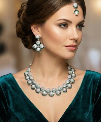 Green rhodium premium designer american diamond and stone work necklace set 1