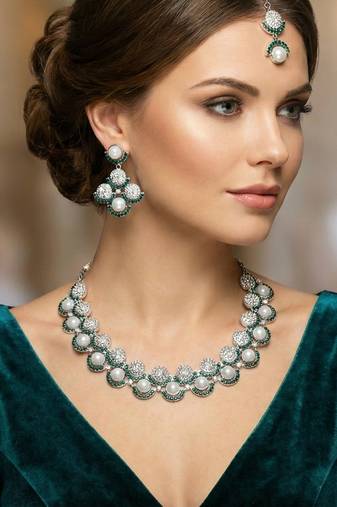 Green rhodium premium designer american diamond and stone work necklace set