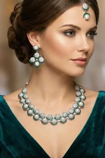 Green rhodium premium designer american diamond and stone work necklace set