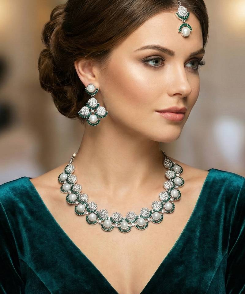 Green rhodium premium designer american diamond and stone work necklace set