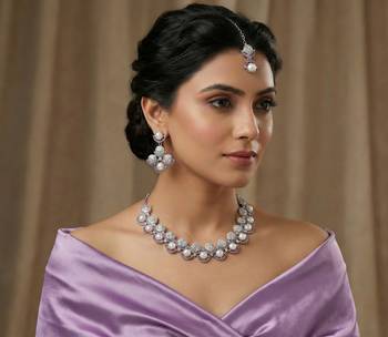 Purple rhodium premium designer american diamond and stone work necklace set 1