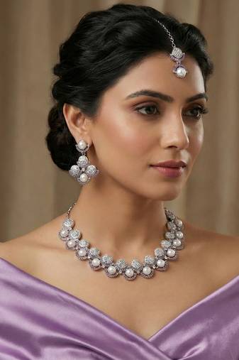 Purple rhodium premium designer american diamond and stone work necklace set