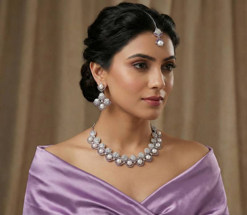 Purple rhodium premium designer american diamond and stone work necklace set
