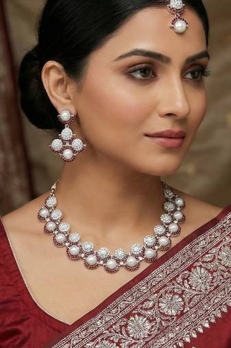 Maroon rhodium premium designer american diamond and stone work necklace set
