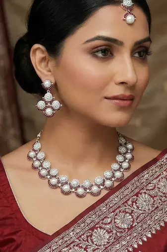 Maroon rhodium premium designer american diamond and stone work necklace set