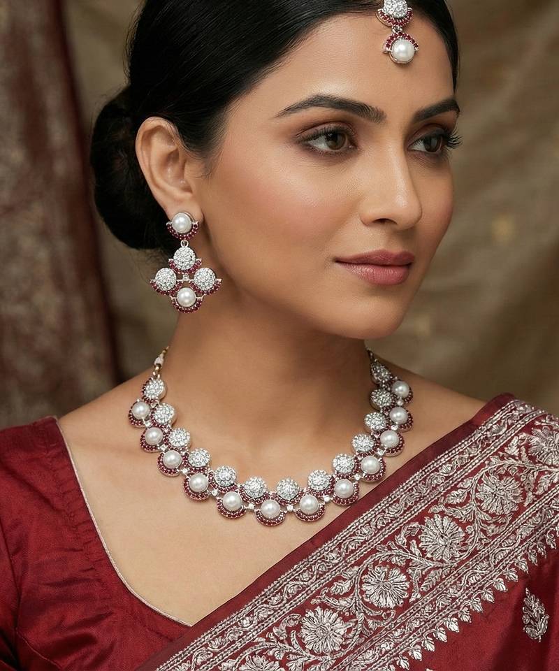 Maroon rhodium premium designer american diamond and stone work necklace set