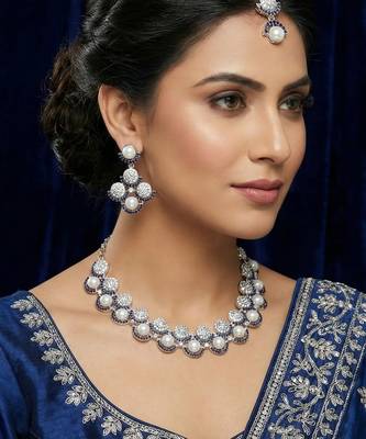 Blue rhodium premium designer american diamond and stone work necklace set 1