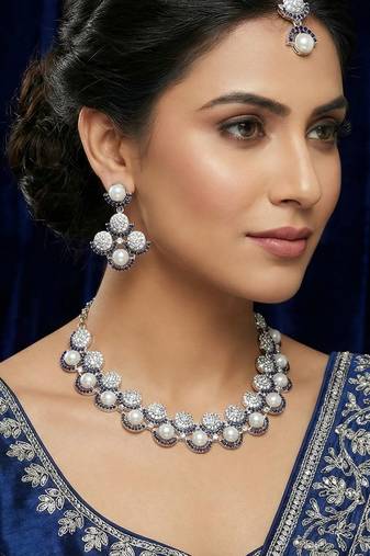 Blue rhodium premium designer american diamond and stone work necklace set
