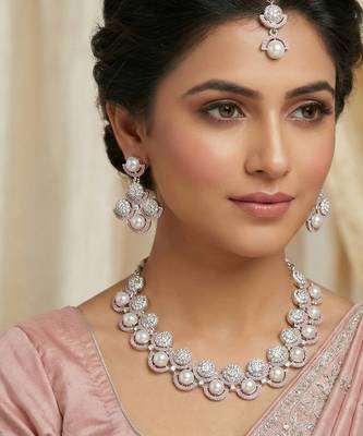 Pink rhodium premium designer american diamond and stone work necklace set 1