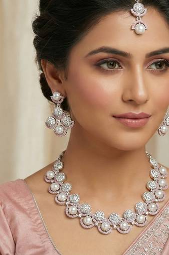 Pink rhodium premium designer american diamond and stone work necklace set
