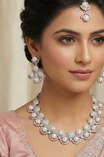 Pink rhodium premium designer american diamond and stone work necklace set