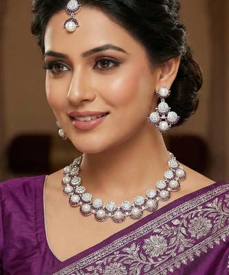 Purple rhodium premium designer american diamond and stone work necklace set 1