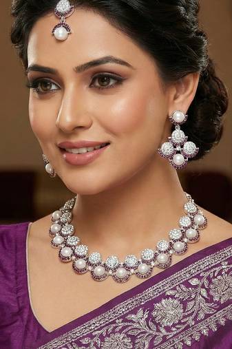 Purple rhodium premium designer american diamond and stone work necklace set
