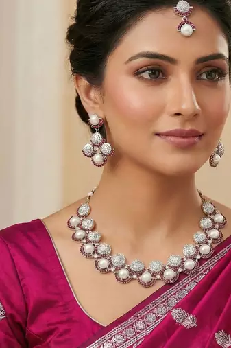 Pink rhodium premium designer american diamond and stone work necklace set