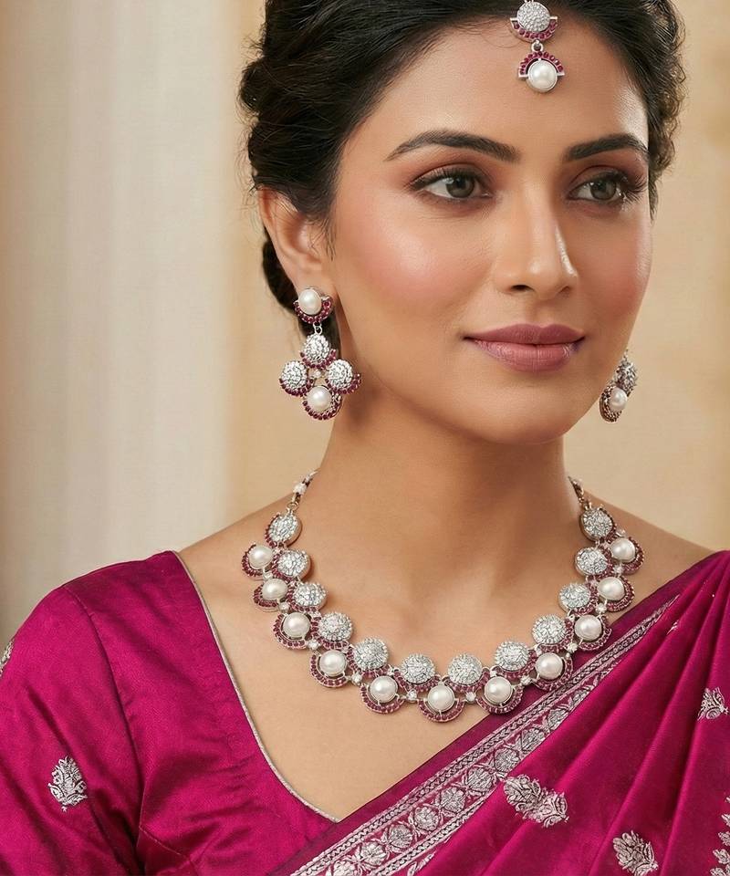Pink rhodium premium designer american diamond and stone work necklace set