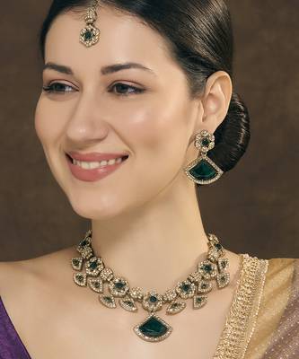 Green yellow gold premium designer american diamond and stone work necklace set 1